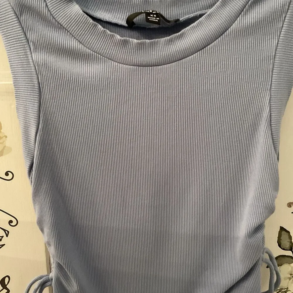 Lulus New Level Tank Women's XS Dusty Blue Ribbed Ruched Cropped Top - Picture 5 of 13